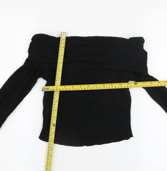 Bershka Women’s Black Off Shoulder Cropped Jersey Long Sleeve Top M
