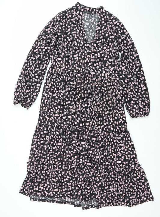 Additional front view of Dunnes Women’s Black Floral A-Line Ruched Knee Length Dress XS