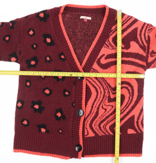 Joe Browns Womens Red Animal Print V-Neck Button Cardigan Size 12