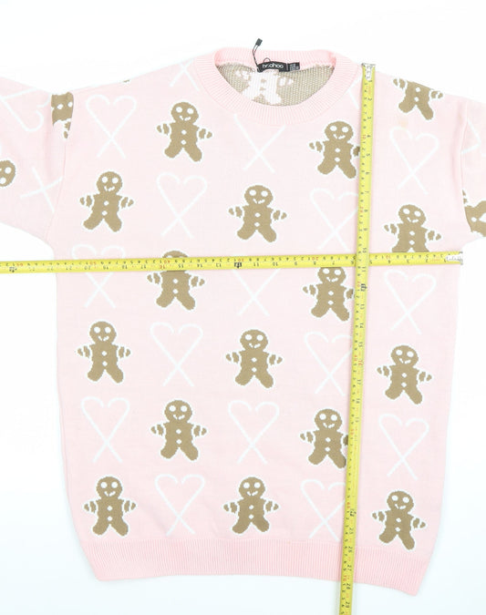 Boohoo Women Pink Gingerbread Crew Neck Jumper UK 14 Christmas Knit