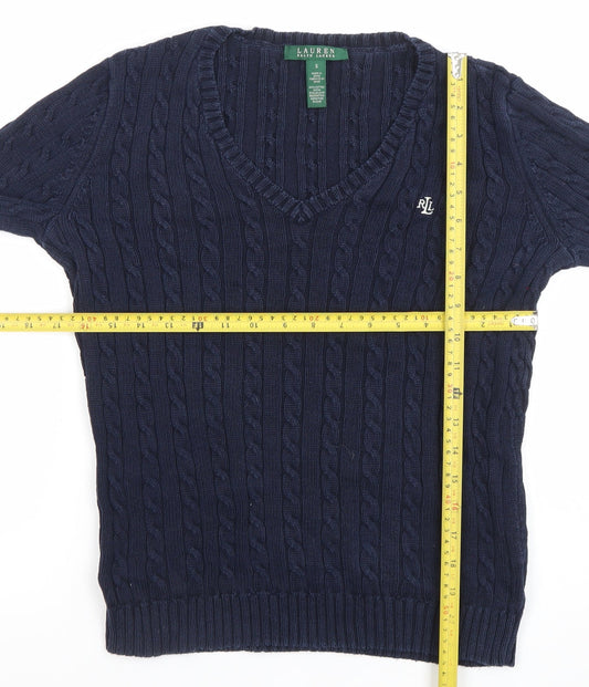 Ralph Lauren Men’s Blue Cable-Knit Cotton V-Neck Jumper Size S