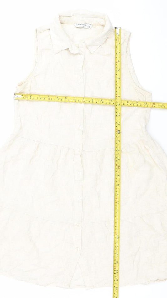 Stradivarius Women Ivory Sleeveless Shirt Dress S Lightweight Linen