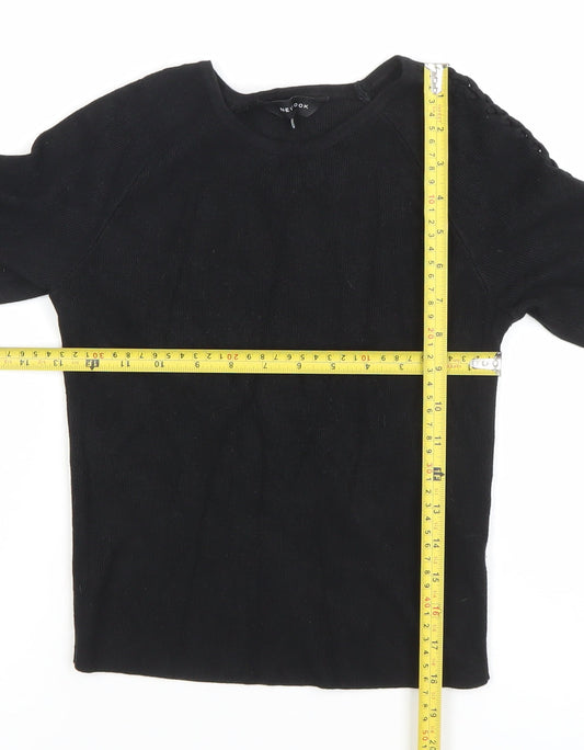New Look Women's Black Knit 3/4 Sleeve Crew Neck Blouse Size 10
