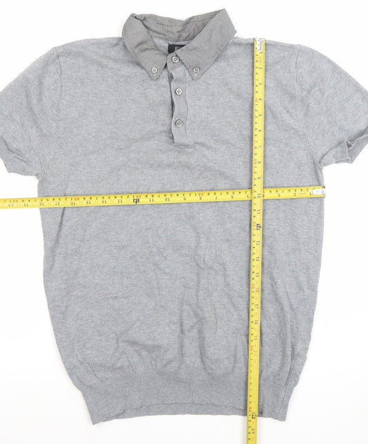 F&F Men's Grey Short Sleeve Button-Down Knit Collar Polo Shirt Size S