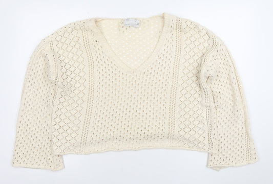 Additional front view of ASOS DESIGN Women’s Ivory Open-Knit V-Neck Cotton Jumper, size UK 10