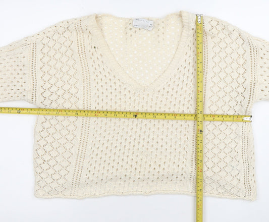 ASOS DESIGN Women’s Ivory Open-Knit V-Neck Cotton Jumper Size 10