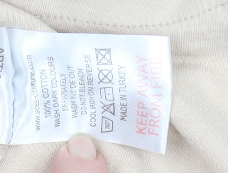 Aces Couture Men Beige Black Long Sleeve Crew Neck T-Shirt Size L