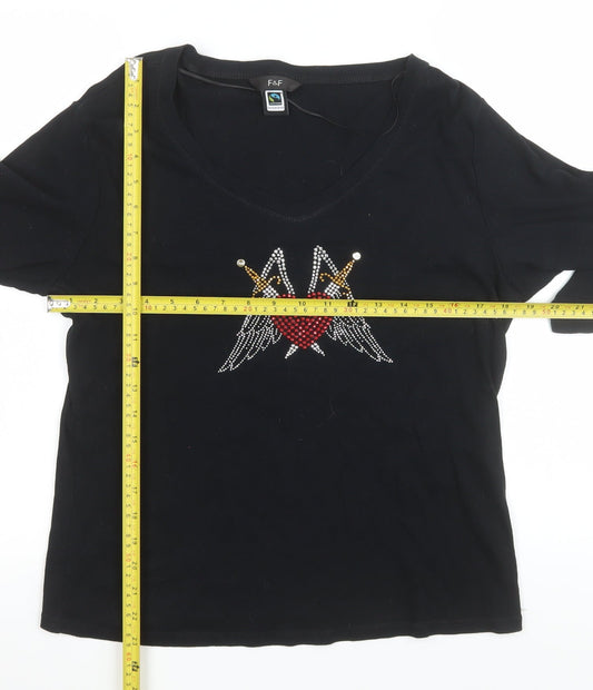 F&F Women’s Black Beaded Heart Long Sleeve V-Neck Jersey Top Size 20
