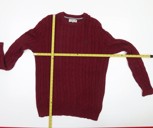 Jack Russell Men's Red Cable-Knit Cotton Jumper M Crew Neck Sweater