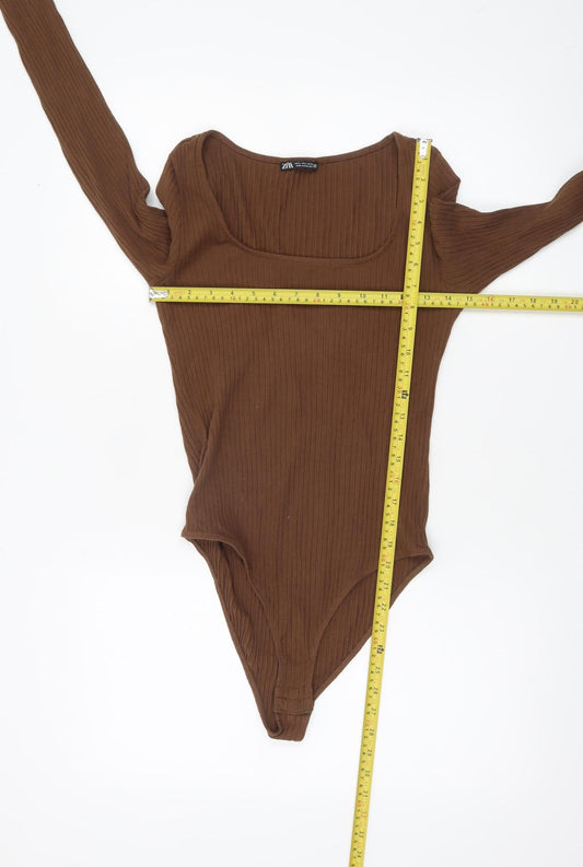 Zara Women Brown Long Sleeve Ribbed Cotton Bodysuit Size L