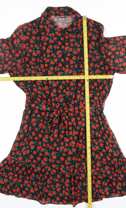 Dunnes Women’s Black Red Floral Belted Shirt Dress Size M