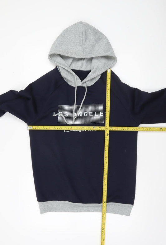 SHEIN Men's Navy & Grey Pullover Hoodie Small Graphic Print