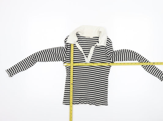 MNG Women's Black Stripe Collared Long Sleeve Cotton Top M