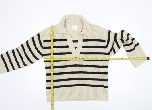 H&M Women’s Beige Striped Collared Chunky Knit Pullover Jumper XS