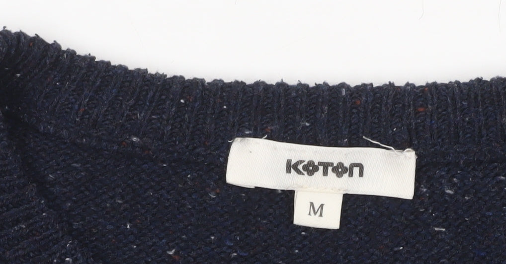 Koton Men's Blue Medium Wool Blend Crew Neck Cable-Knit Jumper