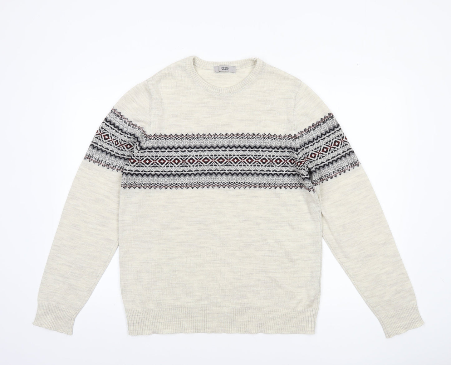 DeFacto Mens Beige Fair Isle Knit Jumper L Crew Neck Sweater