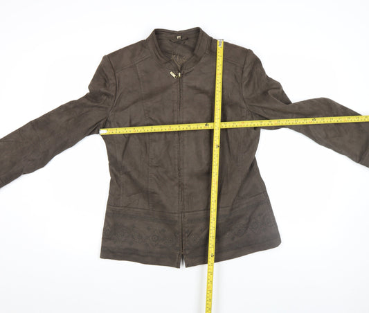 Klass Women Brown Faux Suede Embroidered Zip Jacket Size 12