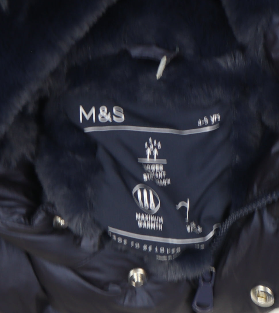 Marks and Spencer Girls Blue Hooded Puffer Coat 4-5 Years Winter Jacket
