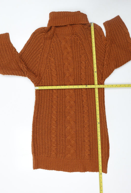 Brave Soul Women’s Brown Cable Knit Jumper Dress Size S Roll Neck