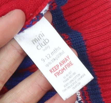 Brand and care label for Mini Club unisex baby red christmas reindeer knit jumper 9-12 months