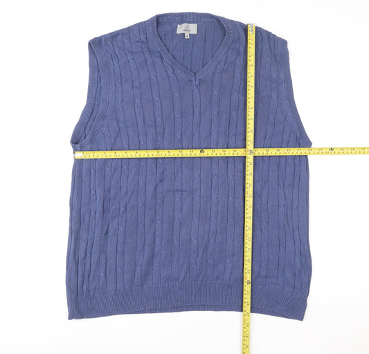 Marks and Spencer Men's Blue XL Cable Knit V-Neck Cotton Vest Jumper
