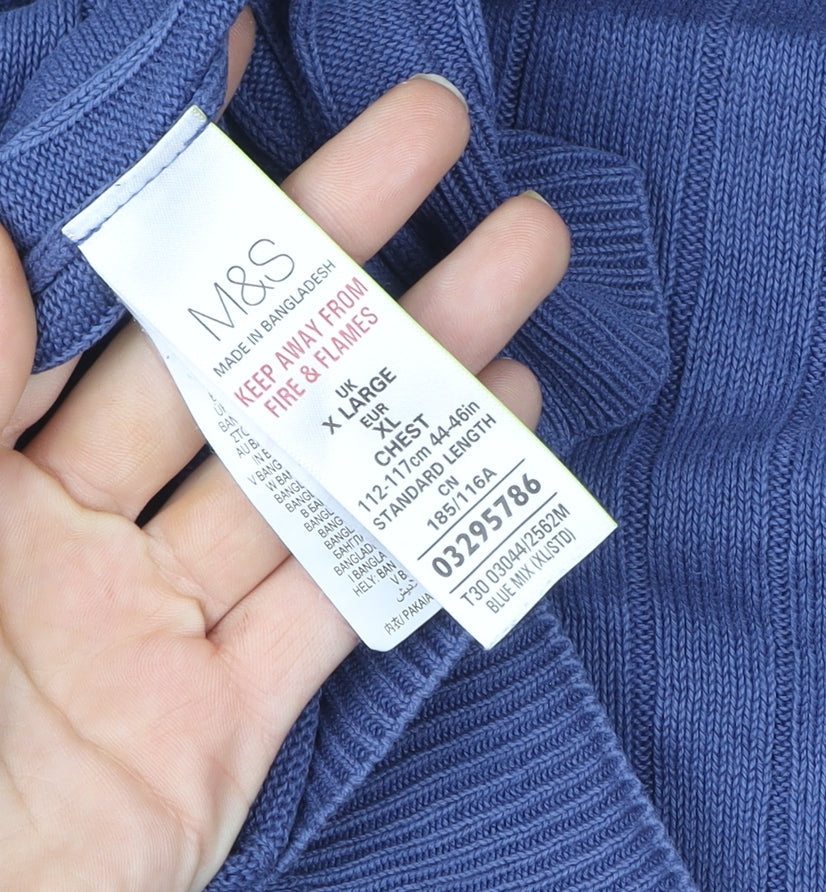 Marks and Spencer Men's Blue XL Cable Knit V-Neck Cotton Vest Jumper