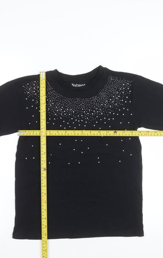 Nutmeg Teens Black Long Sleeve Beaded Crew Neck Cotton Blend Top Size 10