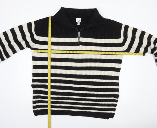 H&M Women’s Black Striped High Neck 1/4 Zip Knit Jumper Size L