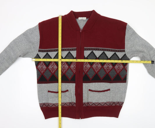 Bellisimo Men’s Grey & Burgundy Argyle Full Zip Acrylic Jumper 2XL
