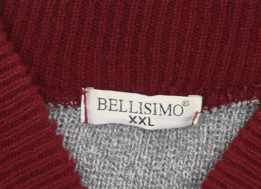 Bellisimo Men’s Grey & Burgundy Argyle Full Zip Acrylic Jumper 2XL
