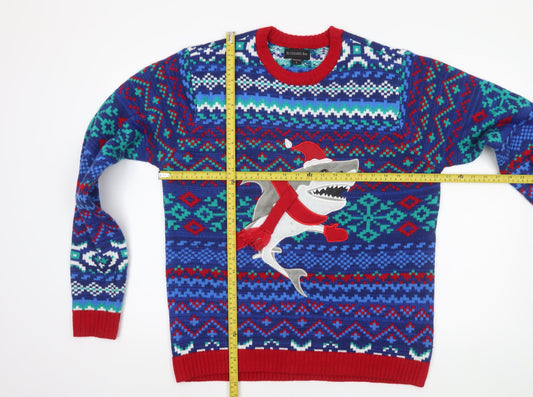 Blizzard Bay Men's Blue Shark Christmas Jumper Size L Crew Neck Knit
