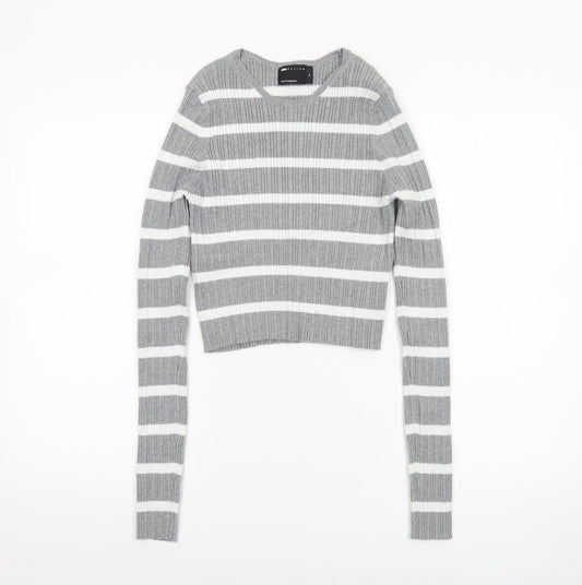 Additional front view of ASOS DESIGN Women’s Grey Striped Crew Neck Knit Jumper, size M, 12-14