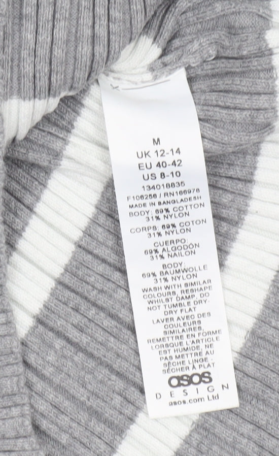 Brand and care label for ASOS DESIGN Women’s Grey Striped Crew Neck Knit Jumper, size M, 12-14