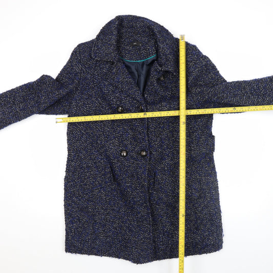 M&Co Women Blue Tweed Mid-Length Pea Coat Size 14 Wool Blend