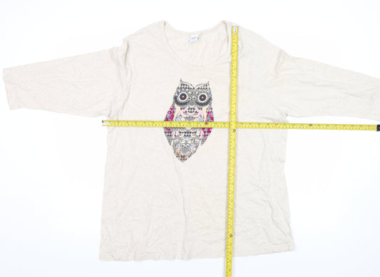 Cotton Traders Women’s Beige Owl Sequin 3/4 Sleeve Cotton T-Shirt Size 24