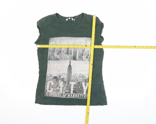 Primark Womens Green Crew Neck Graphic T-Shirt Size 10