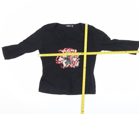 Mexx Women's Black Floral Sequin V-Neck 3/4 Sleeve T-Shirt Size L