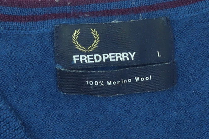 Fred Perry Men's Blue Merino Wool V-Neck Jumper L Classic Knitwear