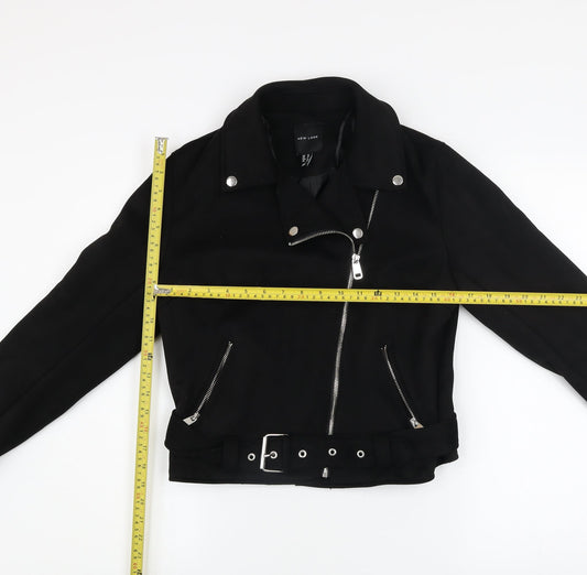 New Look Womens Black Biker Jacket Size 12 Belted Zip Short Softshell