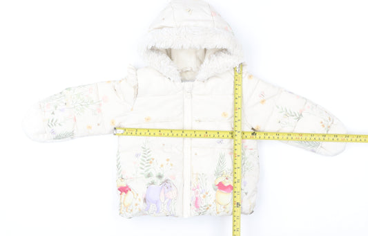 George Girls Ivory Winnie the Pooh Puffer Jacket 3-6 Months Hooded Winter Coat
