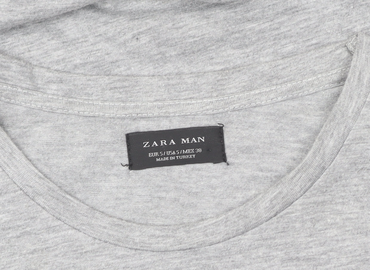Zara Man Grey Short Sleeve Crew Neck Cotton T-Shirt Men's Size S Zip Detail