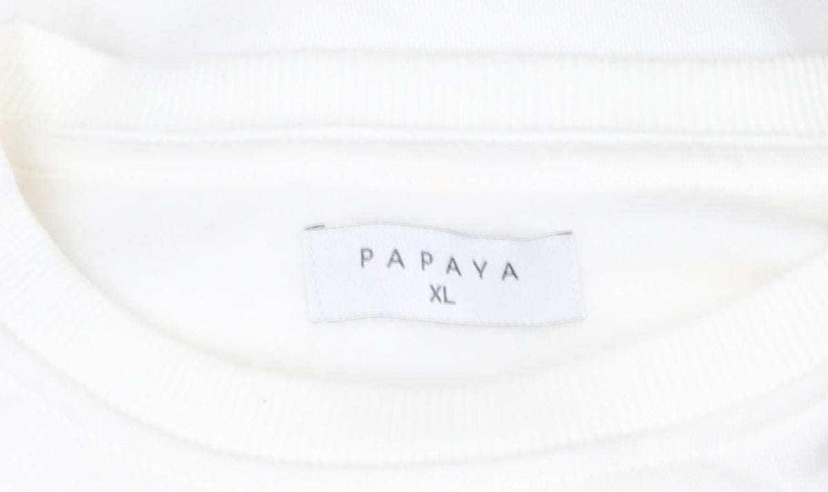 Brand and care label for Papaya Women White Downtown Los Angeles Print Sweatshirt XL