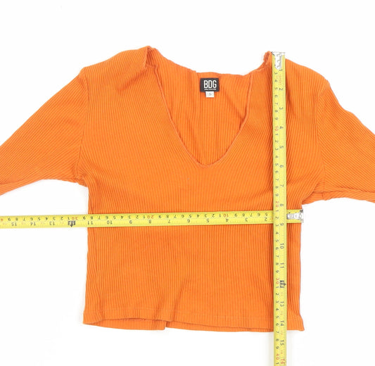 BDG Women's Orange Ribbed V-Neck Cropped Long Sleeve Top Size S