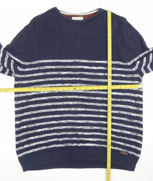 White Stuff Men's Blue Striped Cotton Crew Neck Jumper XXL