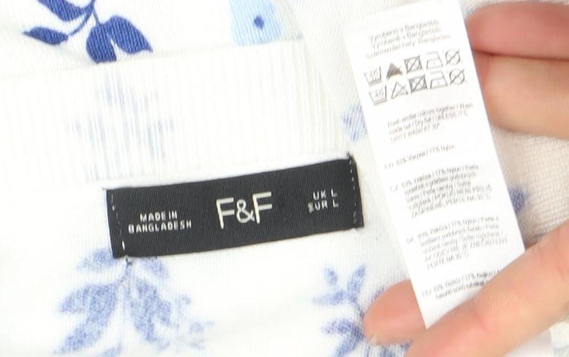 F&F Women's White Blue Floral Short Sleeve Cotton Jersey T-Shirt Size L