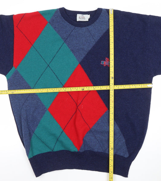 Clan Royal Men’s Blue Lambswool Argyle Pullover Jumper L Scottish Knit