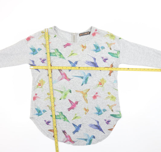 QED London Women's Grey Bird Print Long Sleeve Jersey Top M