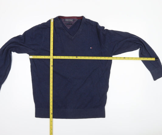 Tommy Hilfiger Men's Blue V-Neck Pullover Jumper M Cotton Cashmere