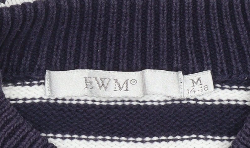 EWM Women's Blue Striped Cotton V-Neck Jumper Size M 14-16