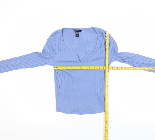 New Look Women’s Blue Ribbed Long Sleeve V-Neck Slim Fit Top Size 8
